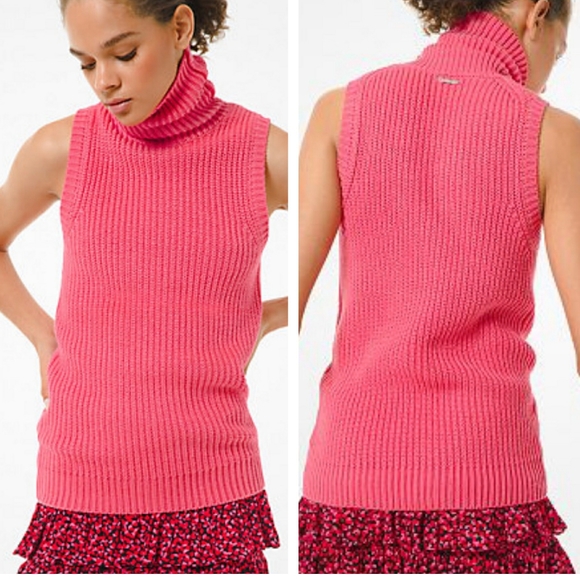 Michael Michael Kors Cotton Blend Sleeveless Turtleneck Sweater In Camila Rose - Picture 2 of 11